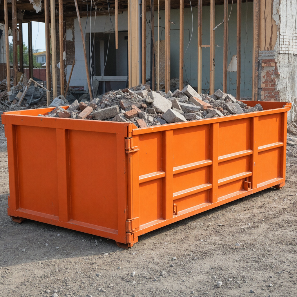 Orange roll-off container loaded low and heavy with broken concrete and brick rubble at a construction jobsite