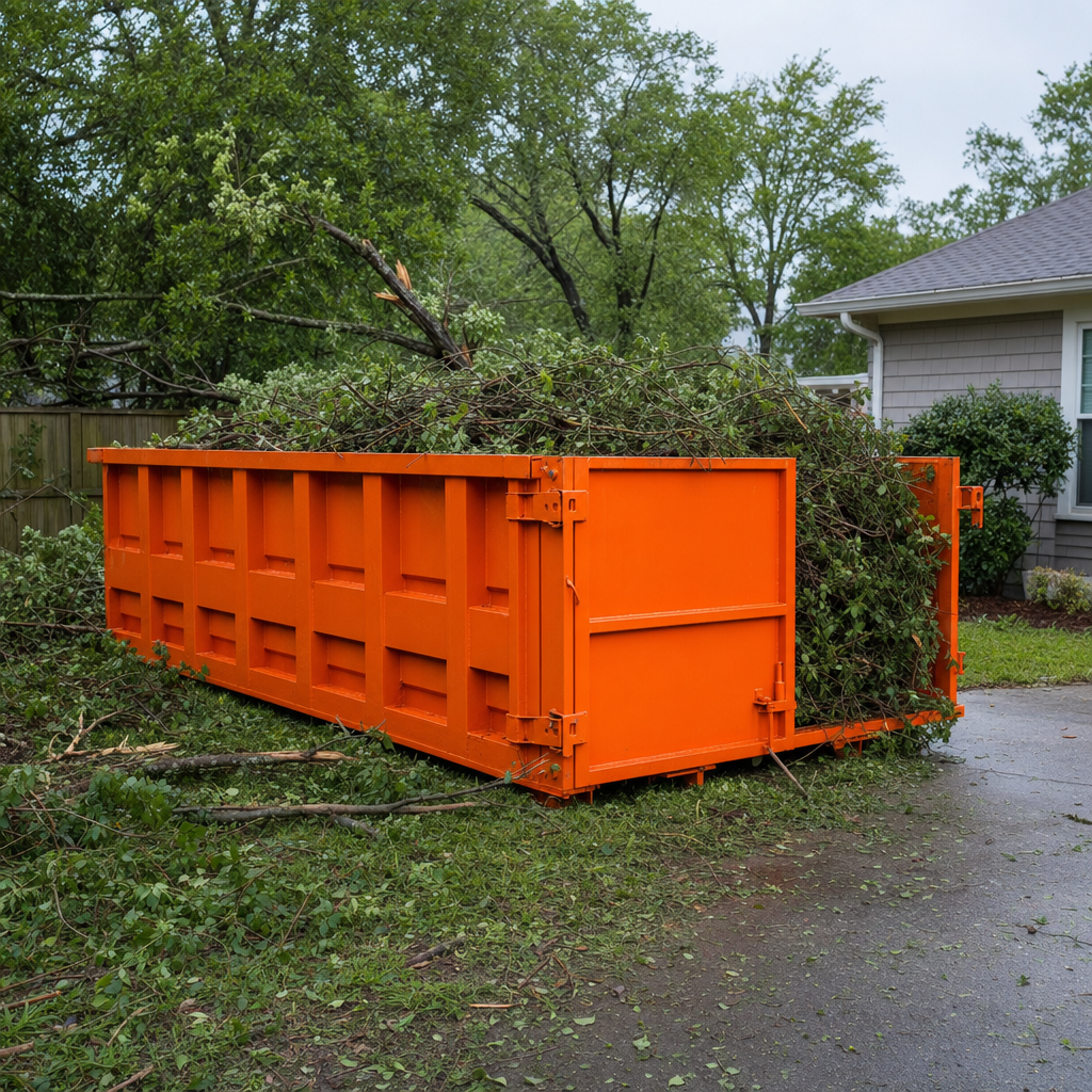 Safety-orange roll-off container half-full of downed tree limbs and broken branches in a storm-hit yard